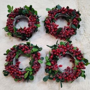 Set of Four Festive Red Beaded Berry Wreath Napkin Ring / Candle Holder